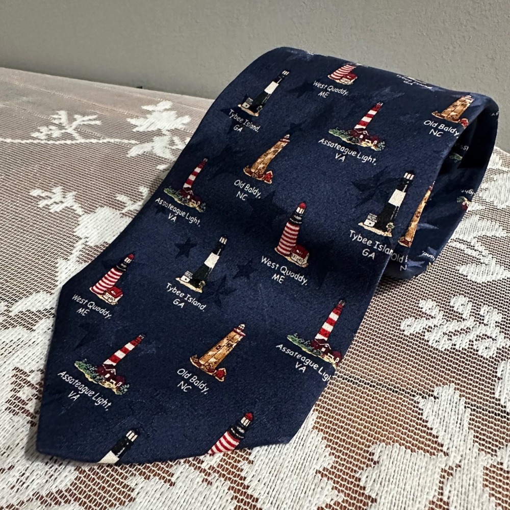 Tango by Max Raab Necktie Mens OS Navy Blue Excellent Lighthouse Americana Silk